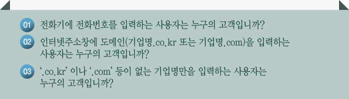 1. 전화기게 전화번호를 입력하는 사용자는 누구의 고객입니까?
      2. 인터넷주소창에 도메인(기업명.co.kr 또는 기업명.com)을 입력하는 사용자는 누구의 고객입니까?
      3.‘.co.kr’ 이나 ‘.com’ 등이 없는 기업명만을 입력하는 사용자는 누구의 고객입니까?